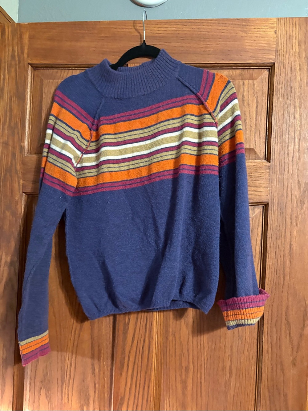 Democracy Navy Mock Neck Sweater with Orange, Pink & Cream Stripes